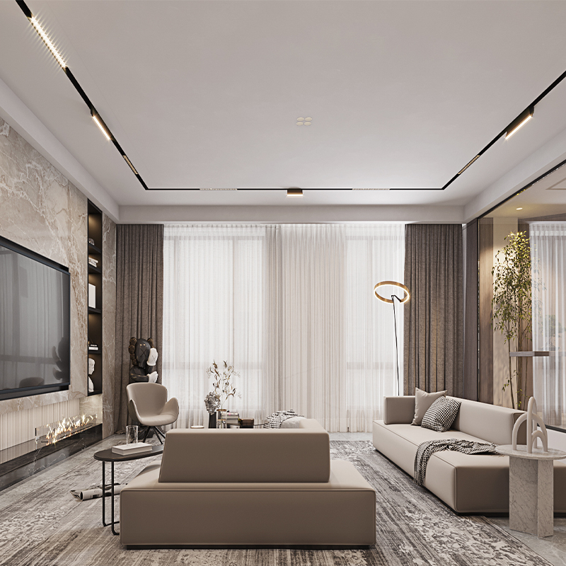 Recessed black magnetic track outlining a lounge ceiling with spot and linear heads