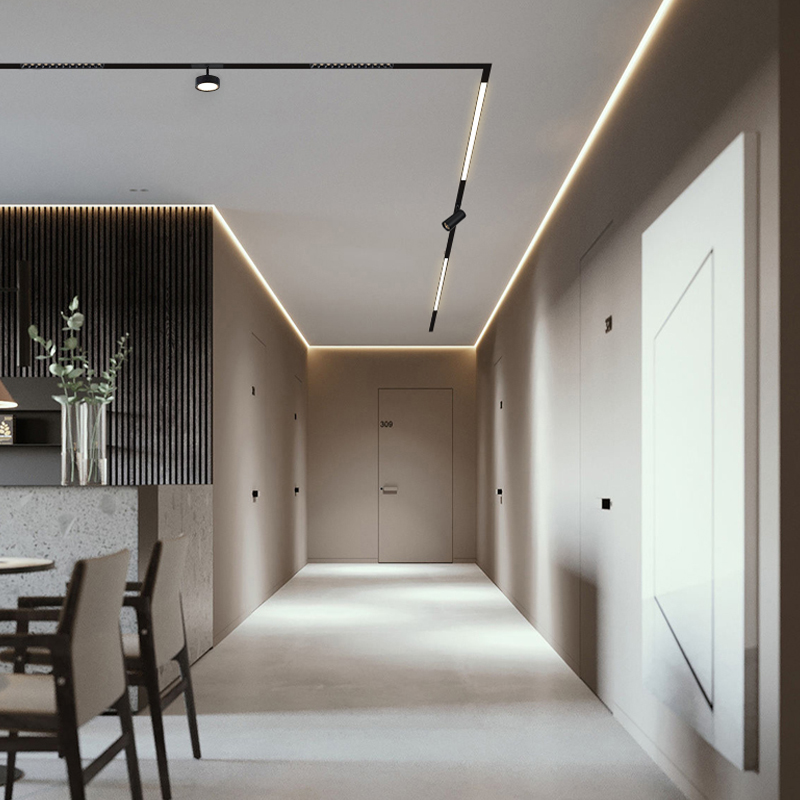 Magnetic track with spot and linear heads running along a corridor ceiling