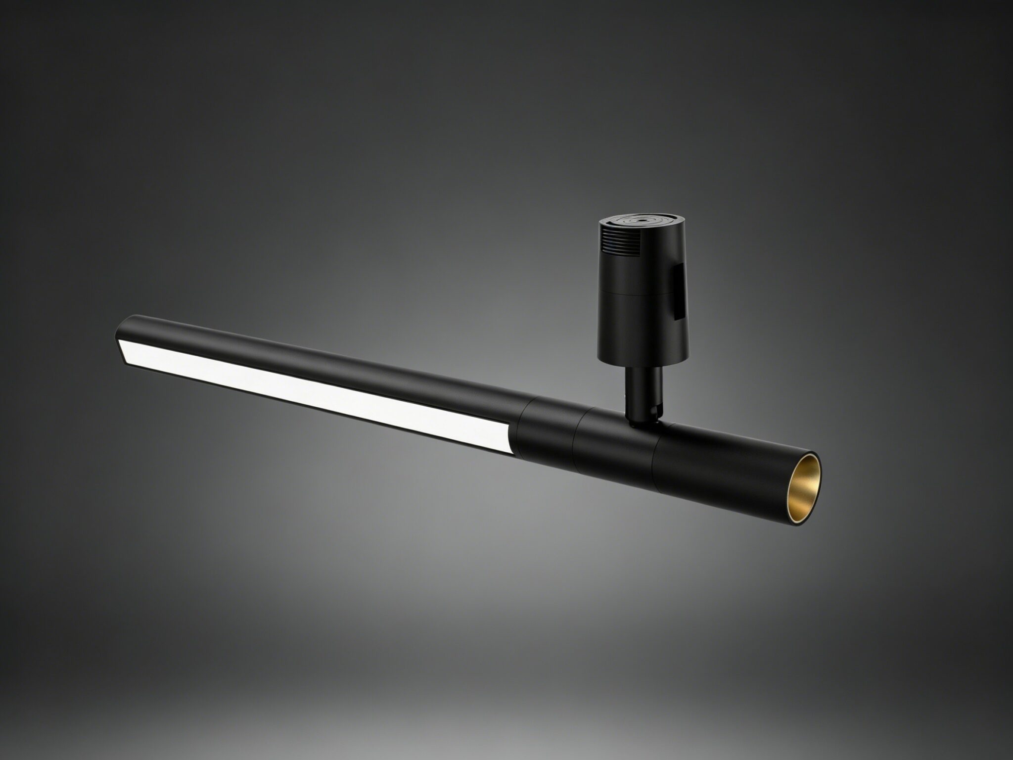 Black magnetic head combining a linear diffuser and a spot, shown on a dark backdrop